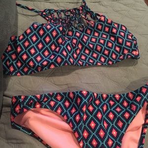 Halter pink and blue patterned bikini